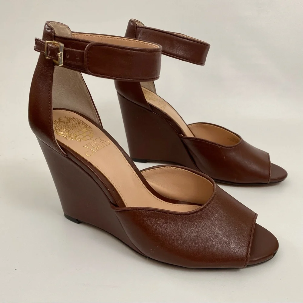 Vince Camuto Peep Toe Wedge Ankle Strap Size 7 Brown Heeled Sandals Women’s - Picture 10 of 14